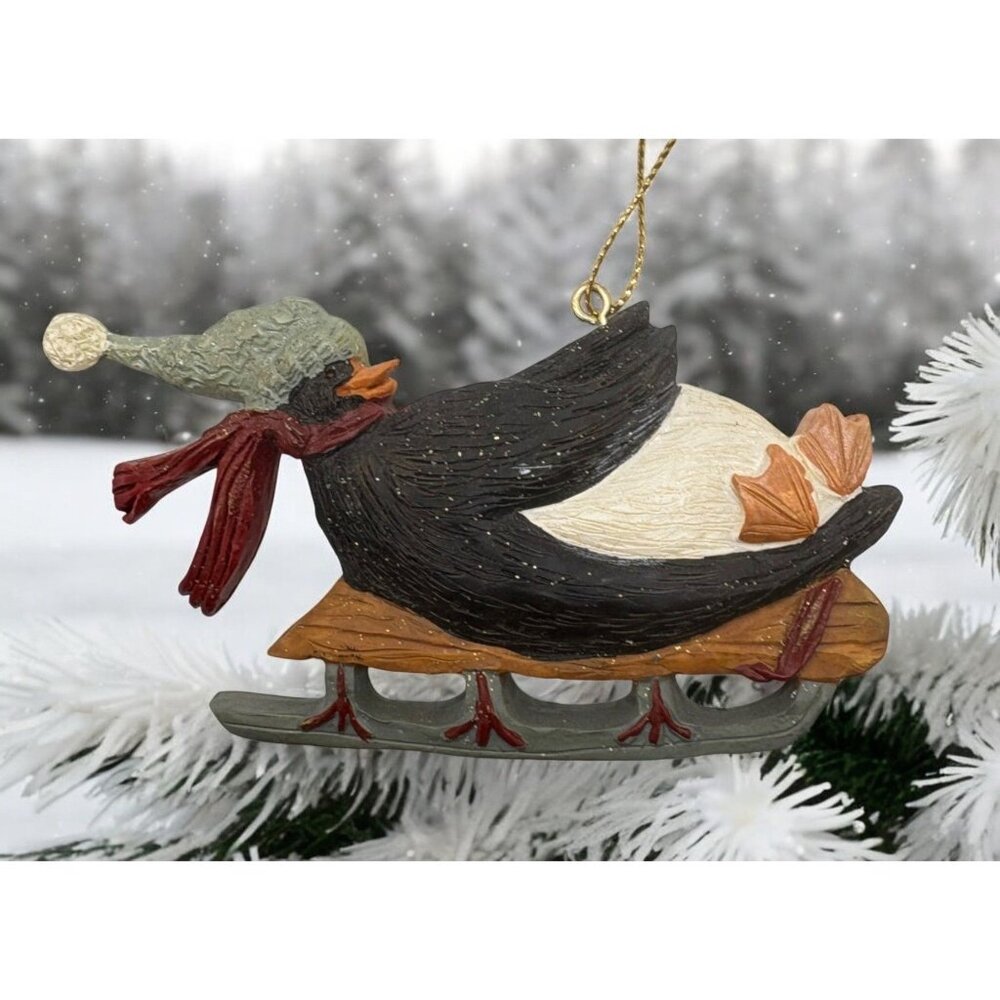 Kurt S Adler Penguin Sled Ride Christmas Tree Ornament Vintage Folk Art Glitter